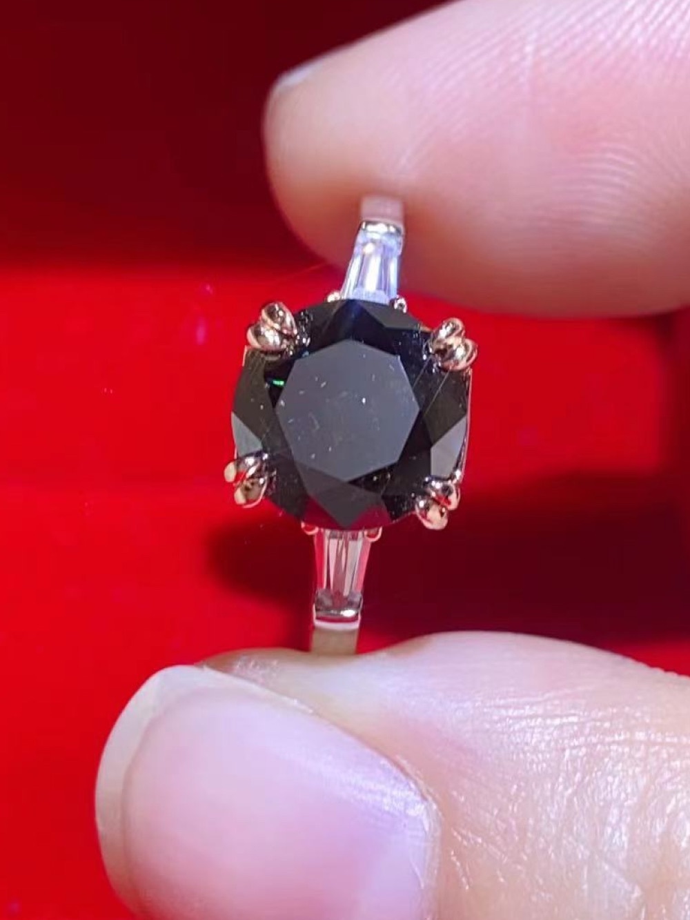 2CT Black Moissanite Ring 925 Sterling Silver Platinum Plated Baguette Accents